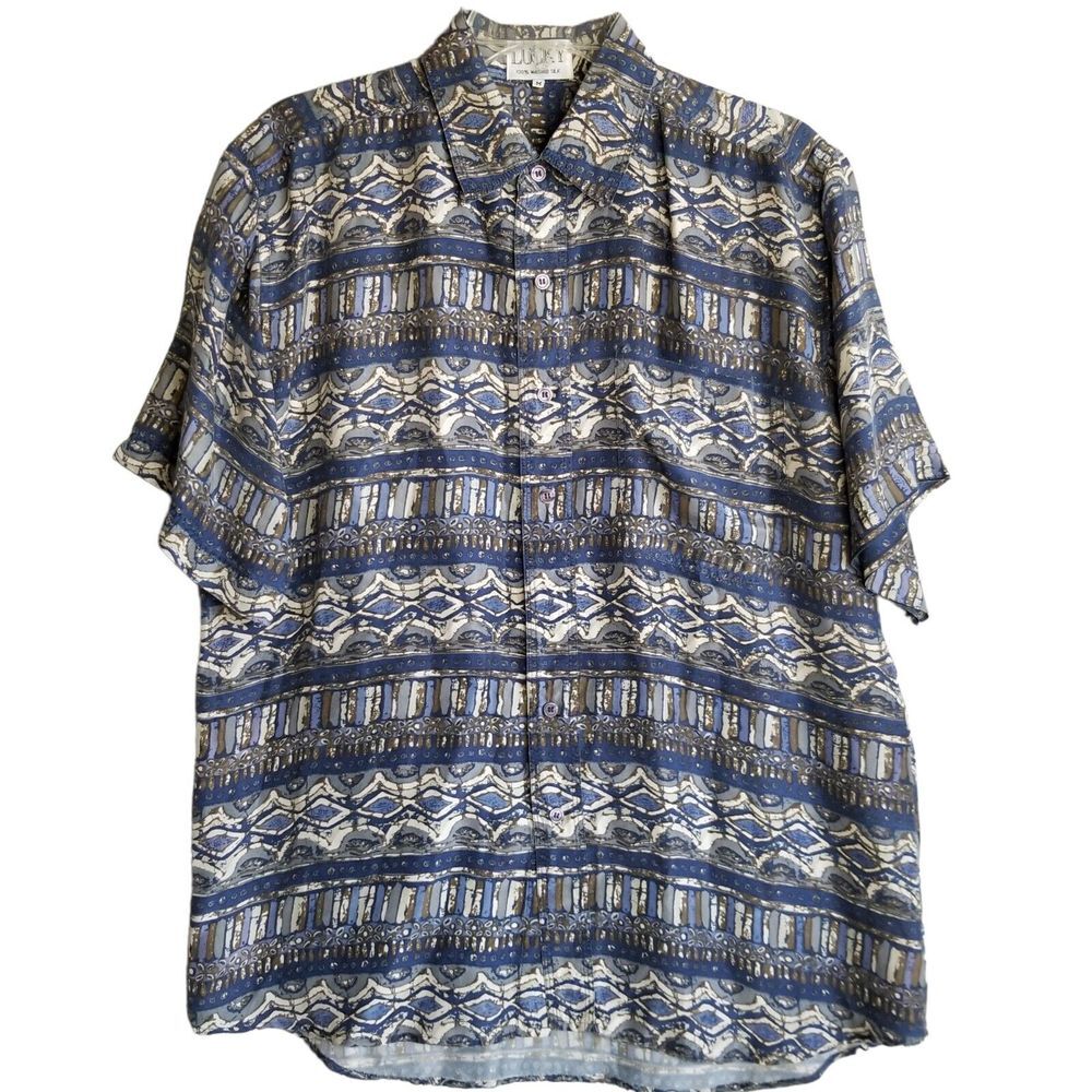 Lucky Men's Medium Shirt 100% Washed Silk Hawaiian Blue‎ Geometric Abstract Boho